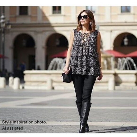 J. Crew, 100% silk black and white sleeveless tiered ruffle blouse - Picture 2 of 10